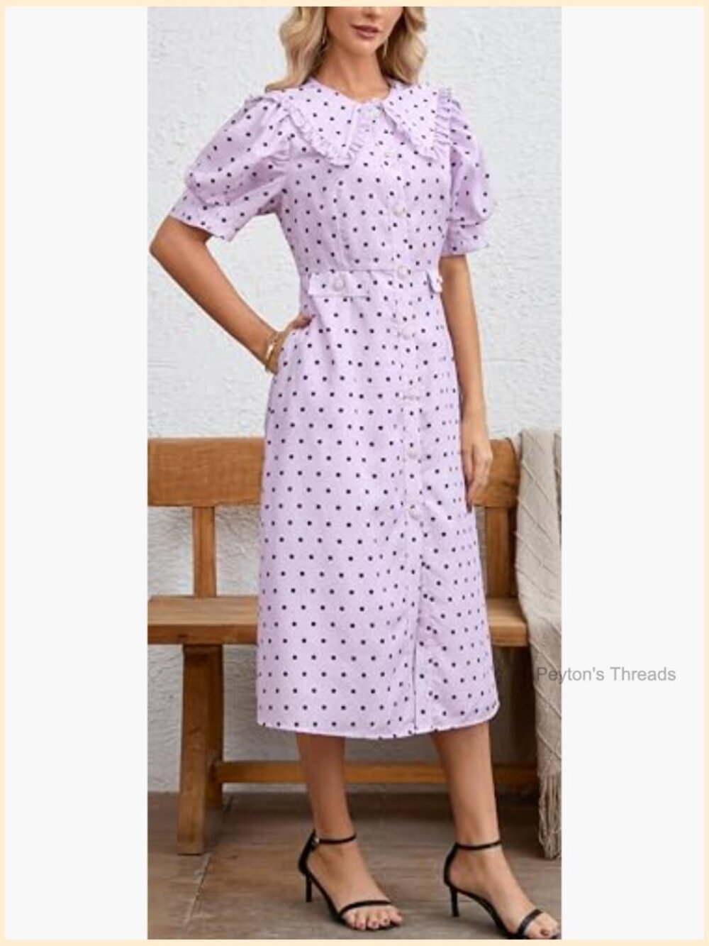 Puff Sleeve Peter Pan Collar Polka Dot Midi Dress with Pockets - Picture 4 of 7